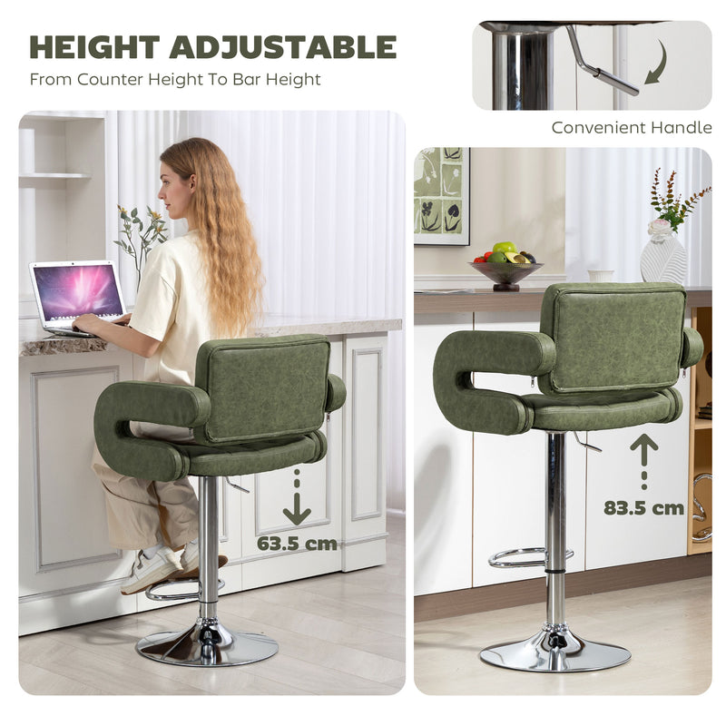 Height Adjustable Swivel Bar Stool with Backrest and Armrests for Home Kitchen Green