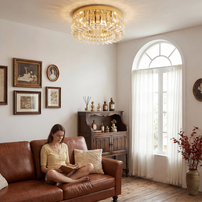 Ceiling Light with Crystal Droplets for Brightening Living or Dining Room Gold Tone