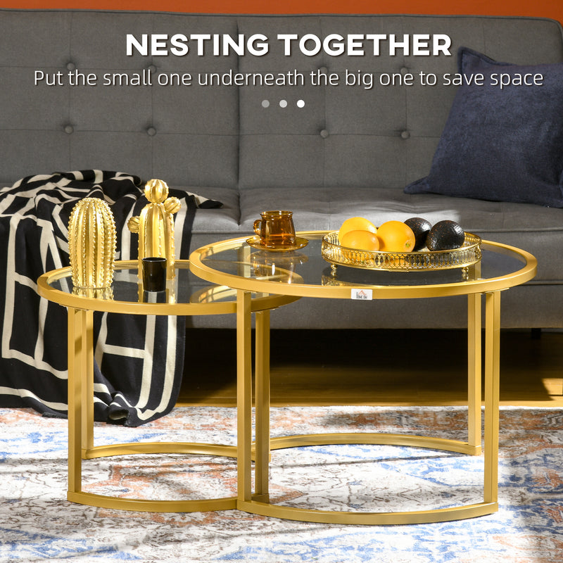 Nest of 2 Modern Round Coffee Tables with Tempered Glass Top and Gold Steel Frame for Living Room
