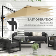 Khaki 3m Cantilever Garden Parasol With Base And Solar LED Lights For Outdoor Shade