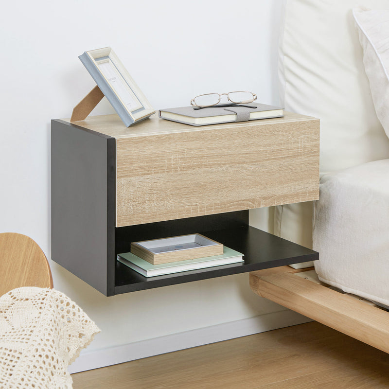 Wall Mounted Bedside Tables Set of 2 With Drawer and Shelf Modern Bedroom Oak Tone