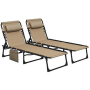 Beige Folding Sun Lounger Set of 2 with Adjustable Backrest and Pillow for Garden or Beach