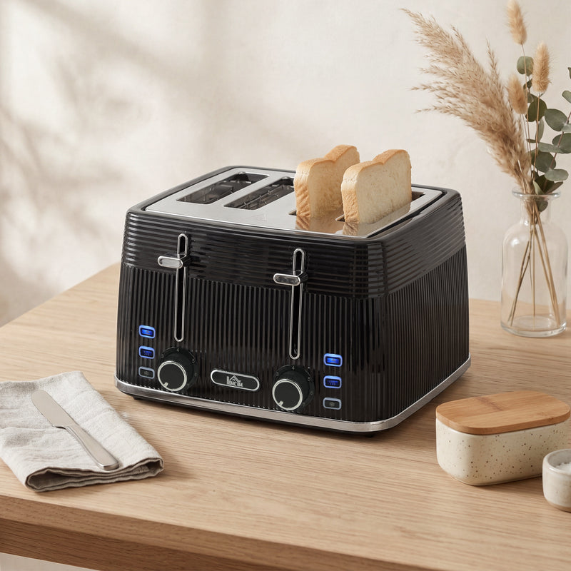 4 Slice Toaster with Dual Controls for Fast Family Breakfasts Black Silver Tone Homcom