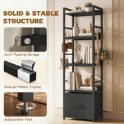 Slim Bookshelf with Drawer and Hooks for Small Spaces and Organised Storage Black AOSOM