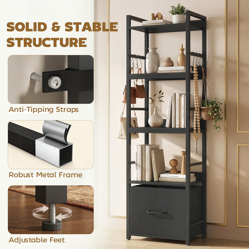 Slim Bookshelf with Drawer and Hooks for Small Spaces and Organised Storage Black AOSOM