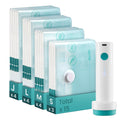 Fifteen transparent vacuum storage bags in four sizes beside a white electric pump
