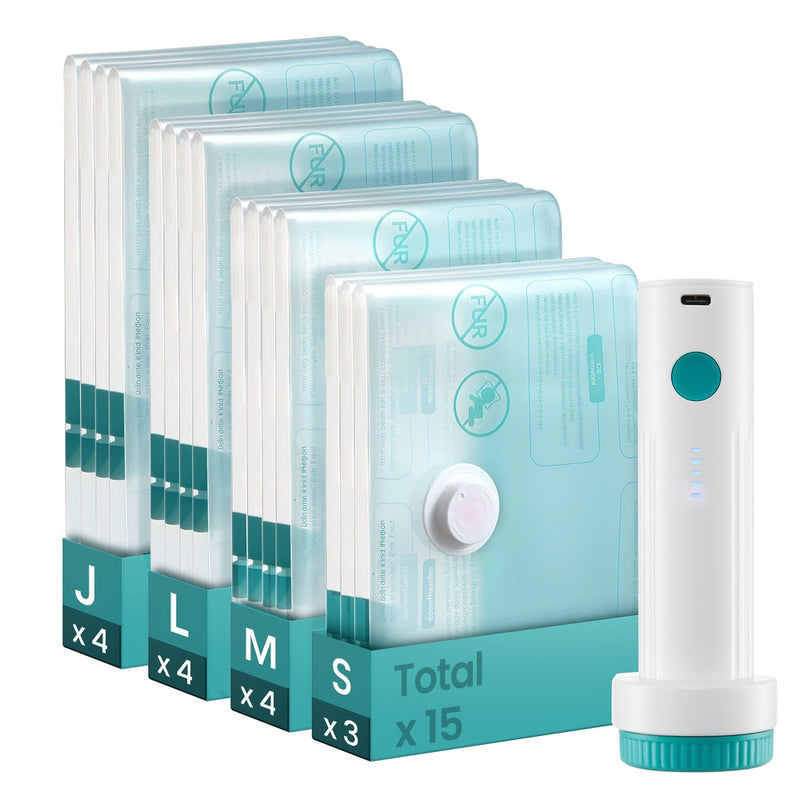 Fifteen transparent vacuum storage bags in four sizes beside a white electric pump