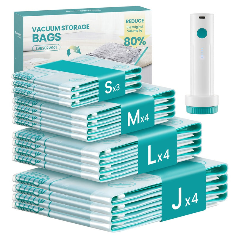 Retail box for the vacuum storage bag set with stacks of small, medium and large bags