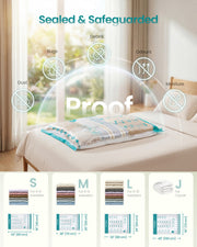 Sealed vacuum bag with dust, insect, odour and damp protection icons and a bag size chart