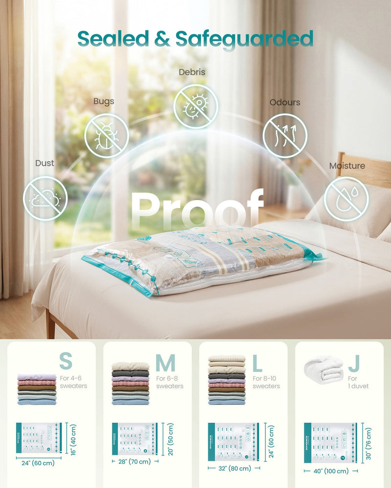 Sealed vacuum bag with dust, insect, odour and damp protection icons and a bag size chart