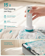 Hand holding the white USB-C rechargeable pump sealing a vacuum bag in 15 seconds