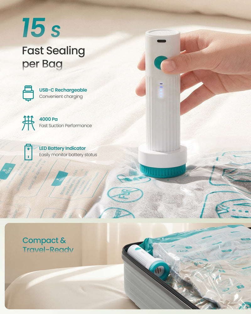 Hand holding the white USB-C rechargeable pump sealing a vacuum bag in 15 seconds