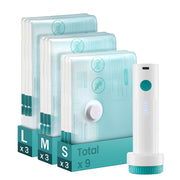 Songmics 9 pack vacuum storage bags in 3 small, 3 medium and 3 large sizes with rechargeable electric pump