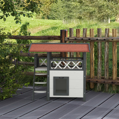 Wooden Outdoor Cat House with Balcony and Stairs Ideal for Garden Use, White
