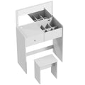White vanity desk with the flip-up mirror open, 6 compartments, drawer and matching stool on a white background