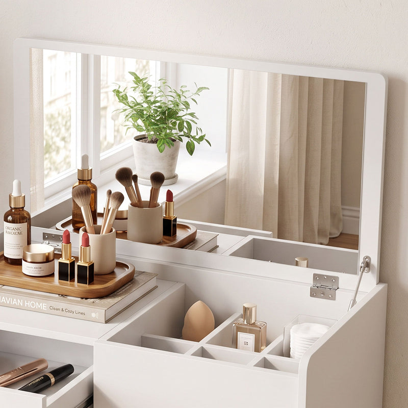 Close-up of the White vanity mirror, compartments and drawer holding makeup and perfume bottles