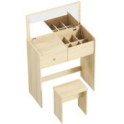 Oak vanity desk with the flip-up mirror open, 6 compartments, drawer and matching stool on a white background