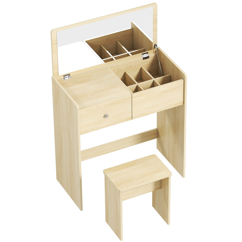 Oak vanity desk with the flip-up mirror open, 6 compartments, drawer and matching stool on a white background