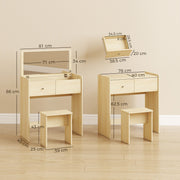 Dimensions diagram of the Oak vanity desk: 81 cm wide, 40 cm deep, 86 cm high, 71 x 34 cm mirror, 39 x 25 x 43 cm stool