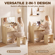 Two views of the Oak vanity: used as a makeup vanity and as a writing desk