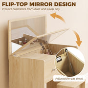 Flip-top mirror lid on the Oak vanity with a callout for the adjustable gas strut
