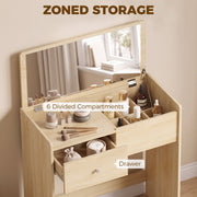 Oak vanity with callouts for the 6 divided compartments and the drawer