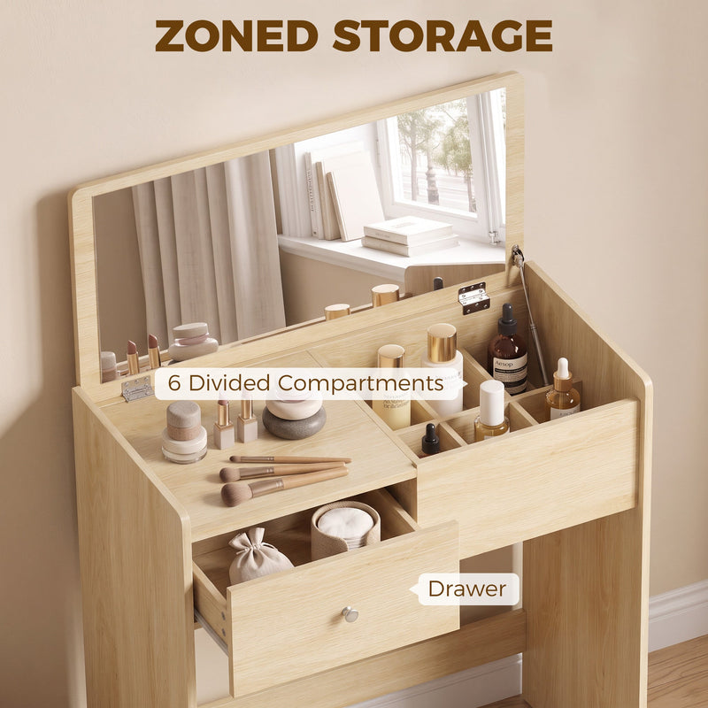 Oak vanity with callouts for the 6 divided compartments and the drawer