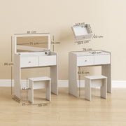 Dimensions diagram of the White vanity desk: 81 cm wide, 40 cm deep, 86 cm high, 71 x 34 cm mirror, 39 x 25 x 43 cm stool