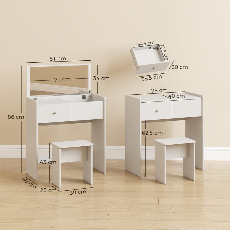 Dimensions diagram of the White vanity desk: 81 cm wide, 40 cm deep, 86 cm high, 71 x 34 cm mirror, 39 x 25 x 43 cm stool