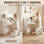 Two views of the White vanity: used as a makeup vanity and as a writing desk