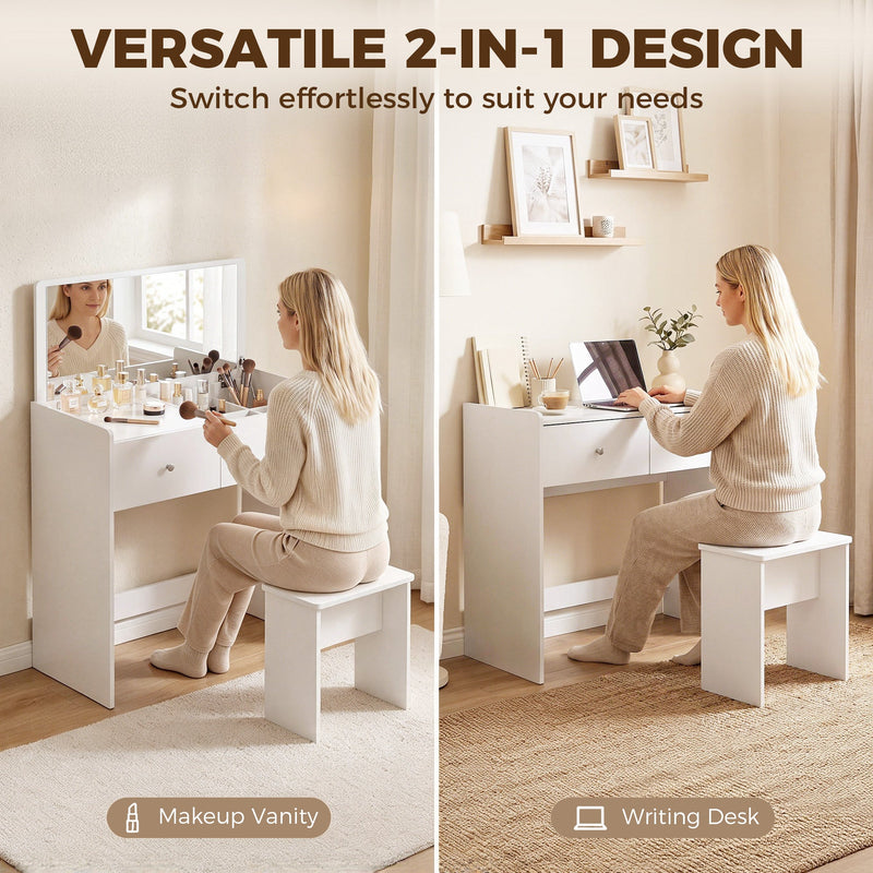 Two views of the White vanity: used as a makeup vanity and as a writing desk