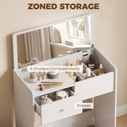 White vanity with callouts for the 6 divided compartments and the drawer