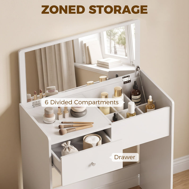 White vanity with callouts for the 6 divided compartments and the drawer