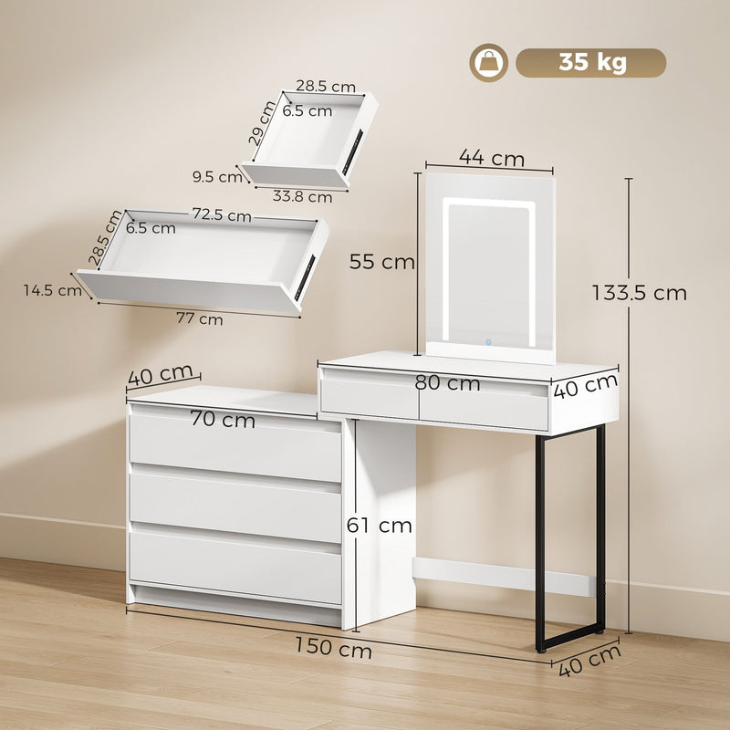 Dimension diagram of the vanity desk showing 150 x 40 x 133.5 cm and drawer sizes