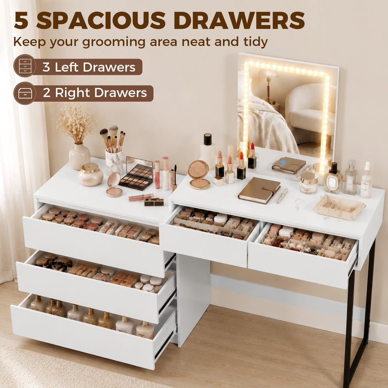 Open drawers of the vanity desk showing cosmetics storage layout