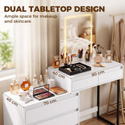 Dual tabletop of the vanity desk styled with makeup and skincare items