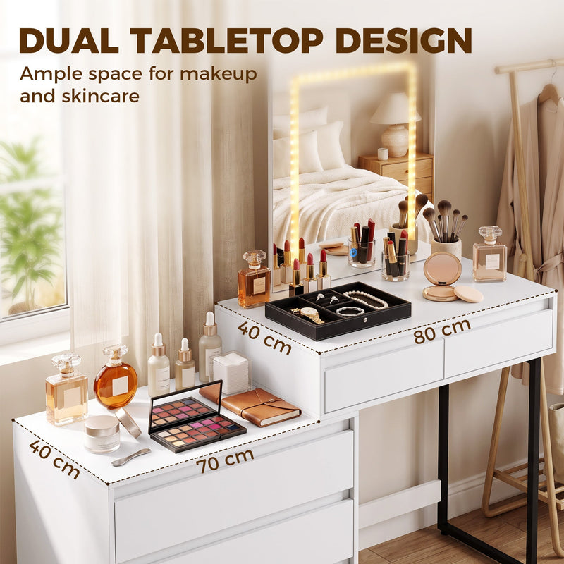 Dual tabletop of the vanity desk styled with makeup and skincare items