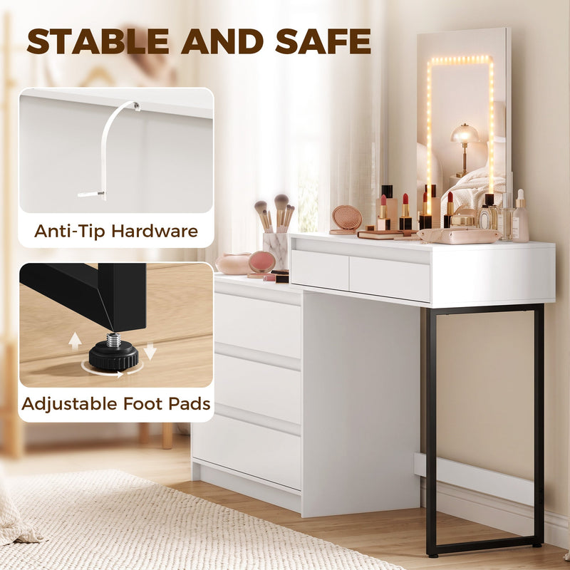 Close-up of the anti-tip hardware and adjustable foot pads for stability