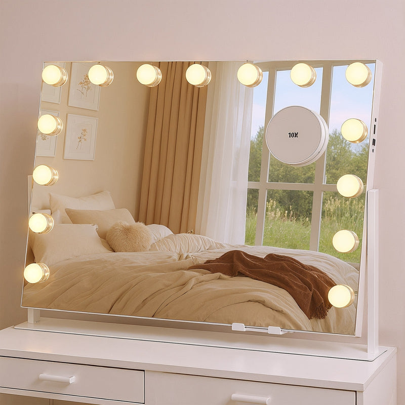 Songmics vanity mirror styled on a bedroom dresser with its LED lights on