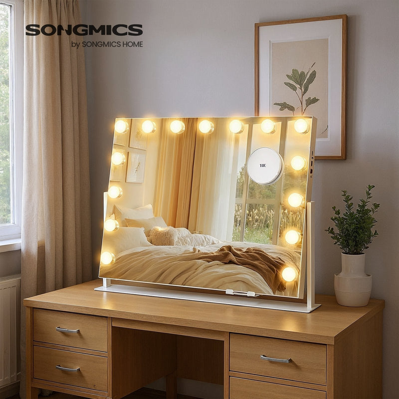 Songmics vanity mirror on a wooden dressing table with LED lights lit