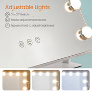 Touch control buttons on the vanity mirror for power, colour temperature, and brightness