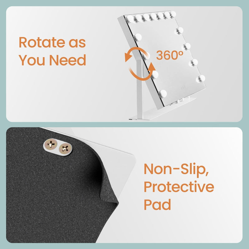 Vanity mirror rotating 360 degrees with a close-up of the non-slip base pad