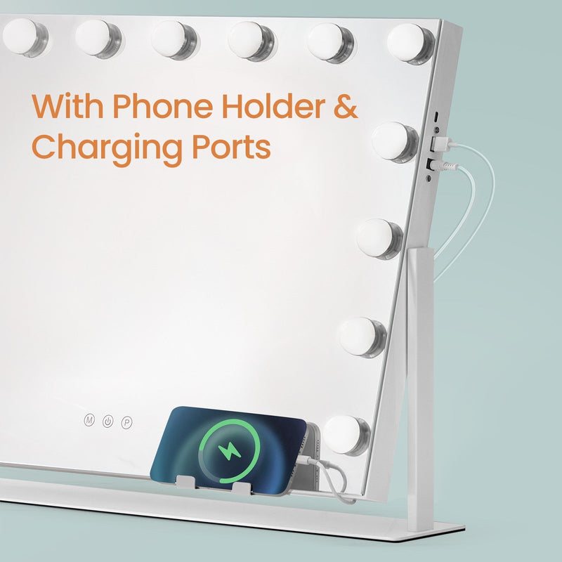 Phone charging on the built-in holder at the base of the vanity mirror