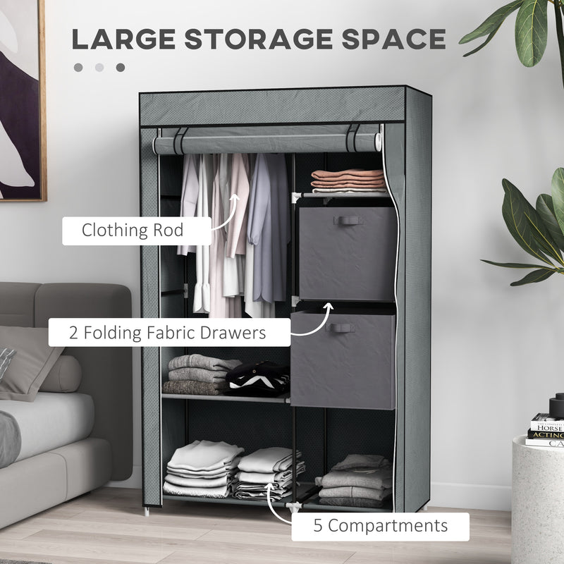 Dark Grey Fabric Portable Wardrobe With Hanging Rail and Storage Drawers by HOMCOM