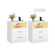Pair of Vasagle bedside tables in Cloud White with charging station and open shelf, on white background