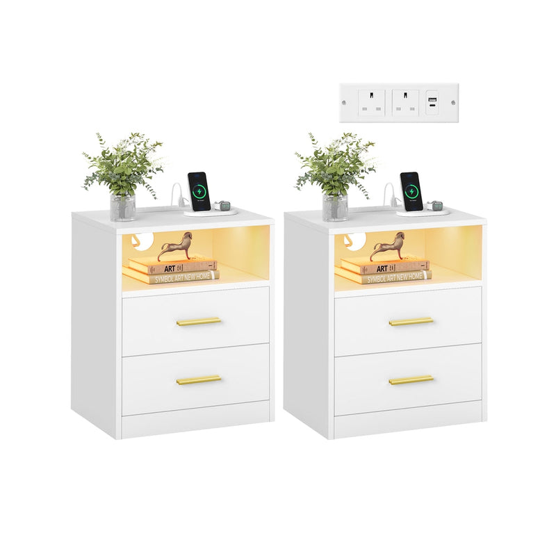 Pair of Vasagle bedside tables in Cloud White with charging station and open shelf, on white background