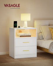 Vasagle Cloud White bedside table styled beside a bed with a lamp and phone charging on top