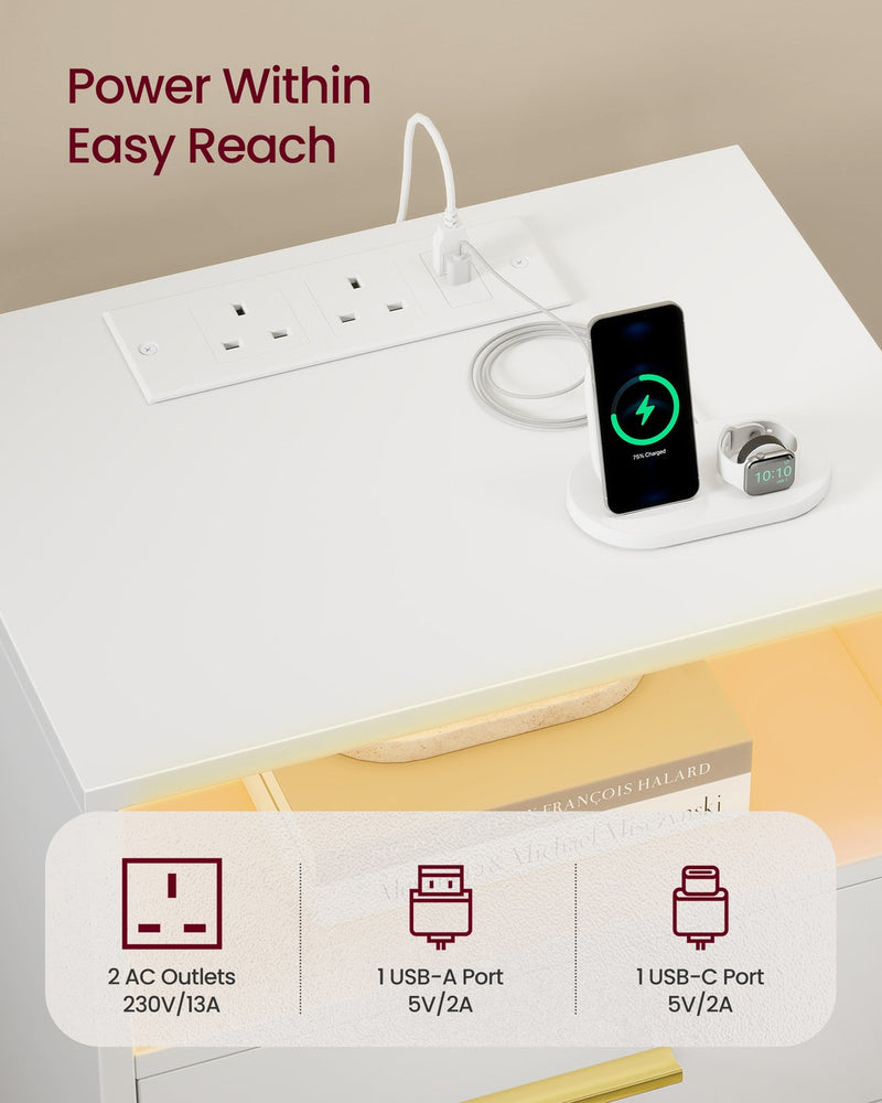 Close-up of the built-in charging station on the Vasagle Cloud White bedside table showing 2 AC outlets, USB-A and USB-C ports