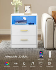 Vasagle Cloud White bedside table with the open shelf lit by adjustable LED lighting