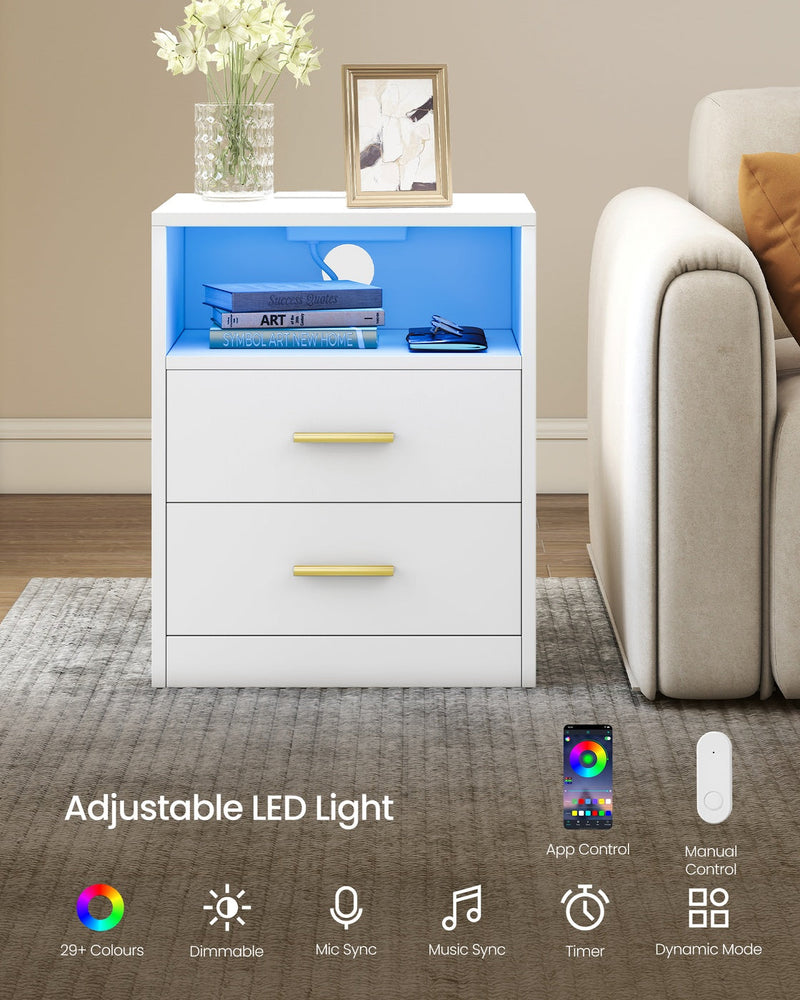 Vasagle Cloud White bedside table with the open shelf lit by adjustable LED lighting